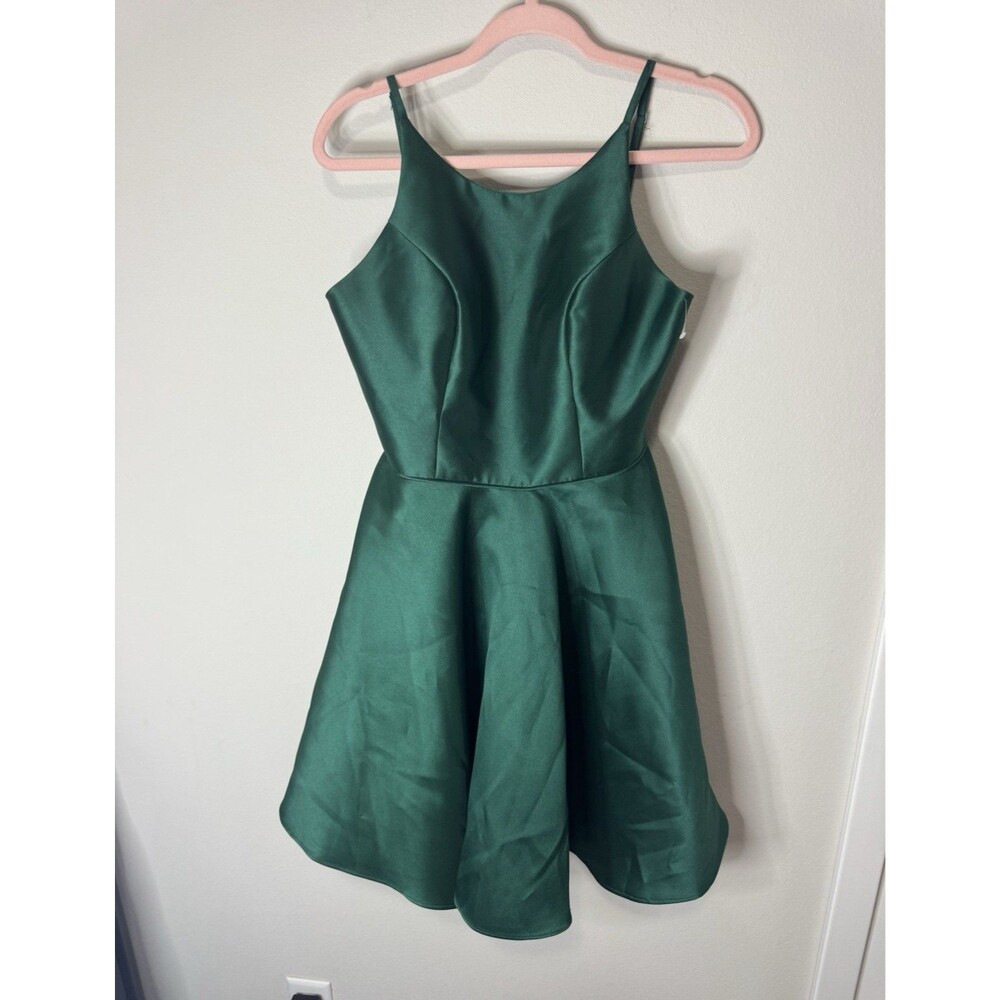 THE SECRET DRESS Green Satin Fit & Flare Scoop Neck Strappy Pleated Short 4